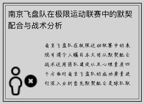 南京飞盘队在极限运动联赛中的默契配合与战术分析